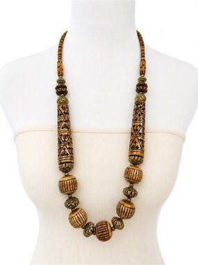 Vintage Boho Statement Necklace Carved Beads Brass Accents Tribal Heavyweight
